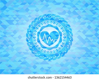 heart with electrocardiogram icon inside realistic light blue emblem. Mosaic background