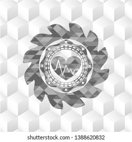 heart with electrocardiogram icon inside realistic grey emblem with cube white background