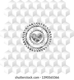 heart with electrocardiogram icon inside realistic grey emblem with geometric cube white background
