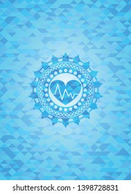 heart with electrocardiogram icon inside realistic sky blue emblem. Mosaic background