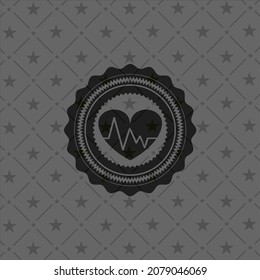 heart with electrocardiogram icon inside realistic dark emblem. 