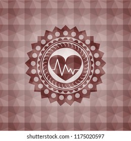 heart with electrocardiogram icon inside red seamless emblem or badge with abstract geometric pattern background.