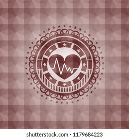 heart with electrocardiogram icon inside red badge with geometric background. Seamless.