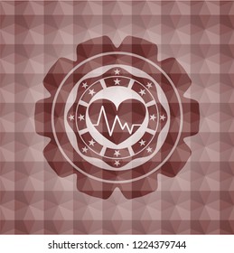 heart with electrocardiogram icon inside red polygonal badge. Seamless.