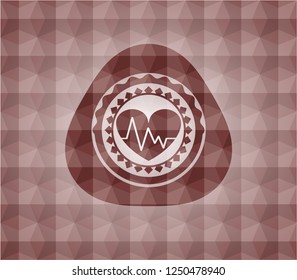 heart with electrocardiogram icon inside red seamless emblem or badge with abstract geometric pattern background.