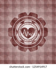 heart with electrocardiogram icon inside red emblem or badge with geometric pattern background. Seamless.