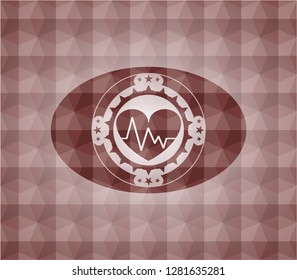 heart with electrocardiogram icon inside red geometric badge. Seamless.