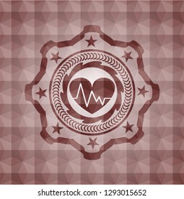 heart with electrocardiogram icon inside red emblem with geometric pattern background. Seamless.