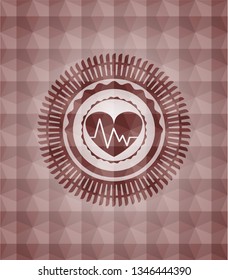 heart with electrocardiogram icon inside red badge with geometric pattern. Seamless.