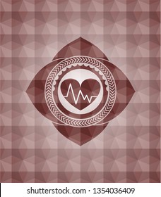 heart with electrocardiogram icon inside red seamless geometric pattern emblem. Seamless.