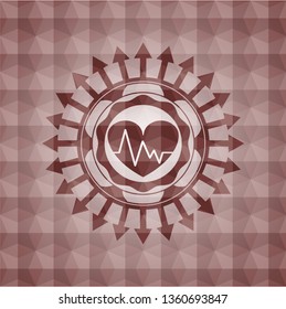 heart with electrocardiogram icon inside red emblem or badge with abstract geometric polygonal pattern background. Seamless.