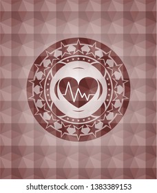 heart with electrocardiogram icon inside red seamless badge with geometric pattern background.
