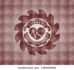 heart with electrocardiogram icon inside red seamless polygonal badge.