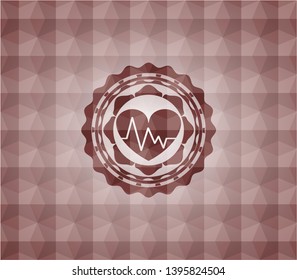 heart with electrocardiogram icon inside red geometric emblem. Seamless.
