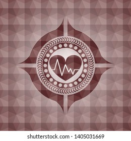 heart with electrocardiogram icon inside red seamless emblem or badge with abstract geometric polygonal pattern background.