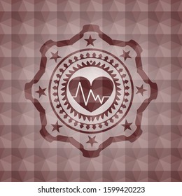 heart with electrocardiogram icon inside red seamless polygonal badge.