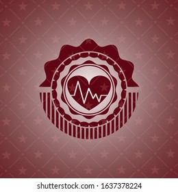 heart with electrocardiogram icon inside red emblem. Retro