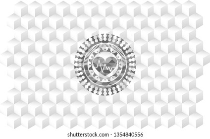 heart with electrocardiogram icon inside retro style grey emblem with geometric cube white background