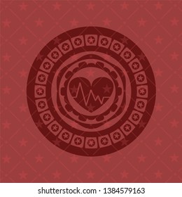 heart with electrocardiogram icon inside retro red emblem
