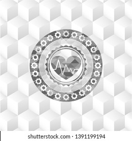 heart with electrocardiogram icon inside retro style grey emblem with geometric cube white background