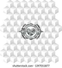 heart with electrocardiogram icon inside retro style grey emblem with geometric cube white background