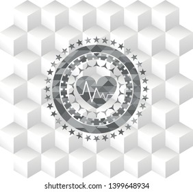 heart with electrocardiogram icon inside retro style grey emblem with geometric cube white background