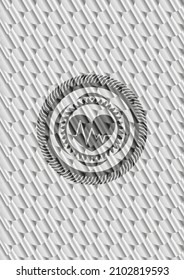 heart with electrocardiogram icon inside silver color emblem or badge. Scales pattern. Vector Illustration. Detailed. 