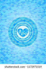 heart with electrocardiogram icon inside sky blue emblem with mosaic ecological style background