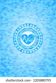 heart with electrocardiogram icon inside sky blue emblem. Mosaic background