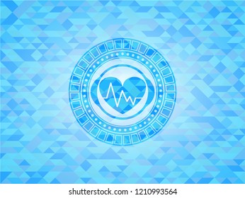 heart with electrocardiogram icon inside sky blue emblem with mosaic background