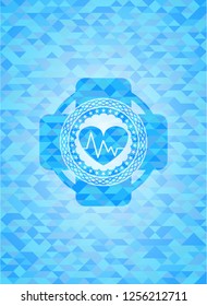 heart with electrocardiogram icon inside sky blue emblem with mosaic background