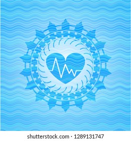 heart with electrocardiogram icon inside sky blue water emblem background.