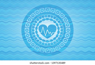 heart with electrocardiogram icon inside sky blue water wave style emblem.
