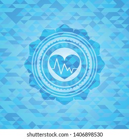 heart with electrocardiogram icon inside sky blue emblem with mosaic ecological style background