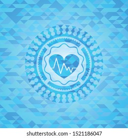 heart with electrocardiogram icon inside sky blue emblem with mosaic background