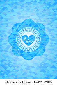heart with electrocardiogram icon inside sky blue emblem with mosaic background