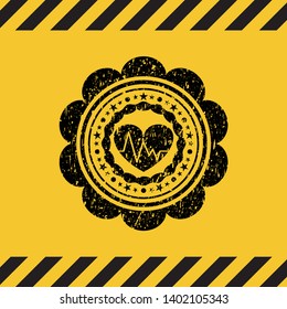 heart with electrocardiogram icon inside warning sign, black grunge emblem. Vector Illustration. Detailed.