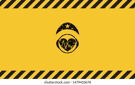 heart with electrocardiogram icon inside warning sign, black grunge emblem. Vector Illustration. Detailed.