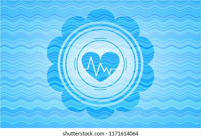 heart with electrocardiogram icon inside water wavec oncept emblem.