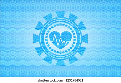 heart with electrocardiogram icon inside water concept emblem.
