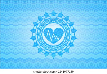 heart with electrocardiogram icon inside water representation emblem.