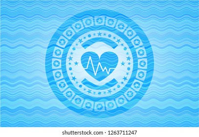 heart with electrocardiogram icon inside water wave emblem background.