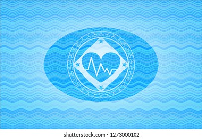 heart with electrocardiogram icon inside water wave concept style emblem.