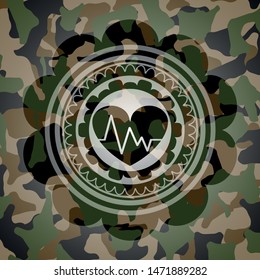 heart with electrocardiogram icon on camouflaged pattern