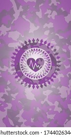 heart with electrocardiogram icon on pink camo pattern. 