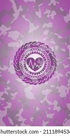 heart with electrocardiogram icon on pink camouflaged texture. 