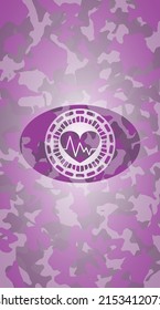 heart with electrocardiogram icon on pink and purple camo texture. 