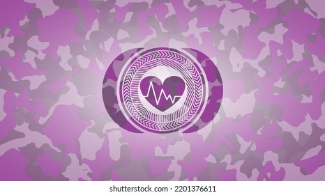heart with electrocardiogram icon on pink and purple camo pattern. 