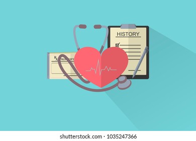 heart with electrocardiogram, stethoscope, medical prescription and clinical history, health care concept, flat style design