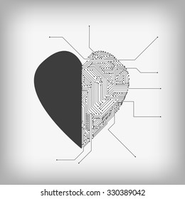 Heart and electronic circuit on gray background